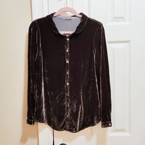CP SHADES ROMY SHIRT BUTTON UP FITTED RAYON SILK  BROWN VELVET. SMALL.